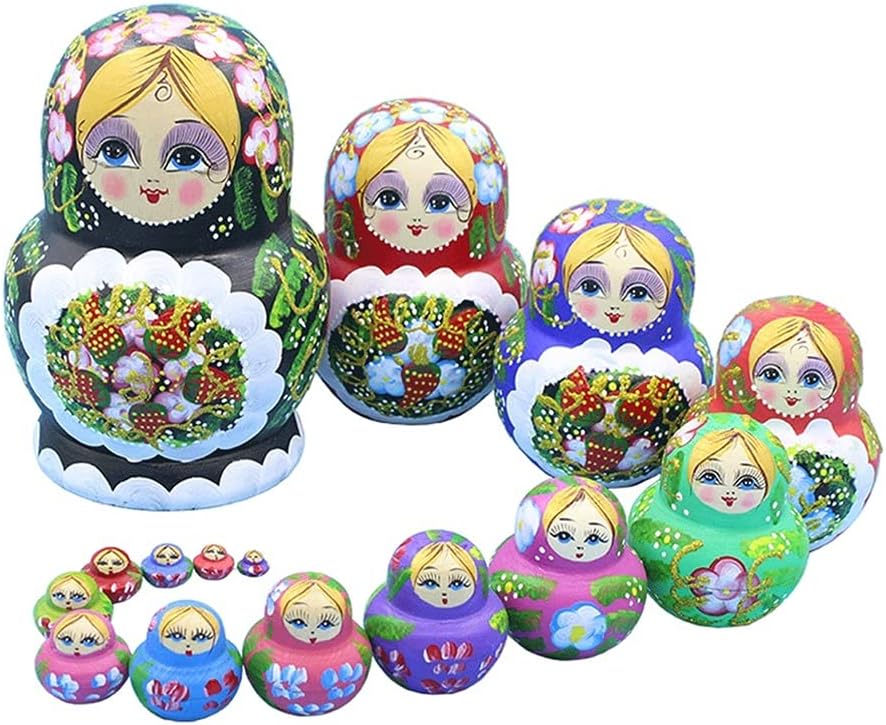 Matryoshka Dolls Russian Nesting Dolls Cute Strawberry Pattern Matryoshka 15-Piece Nesting Dolls,Wooden Educational Toy,Creative Birthday Gift The Greatest Gift for Adults and Kids (Color : A)