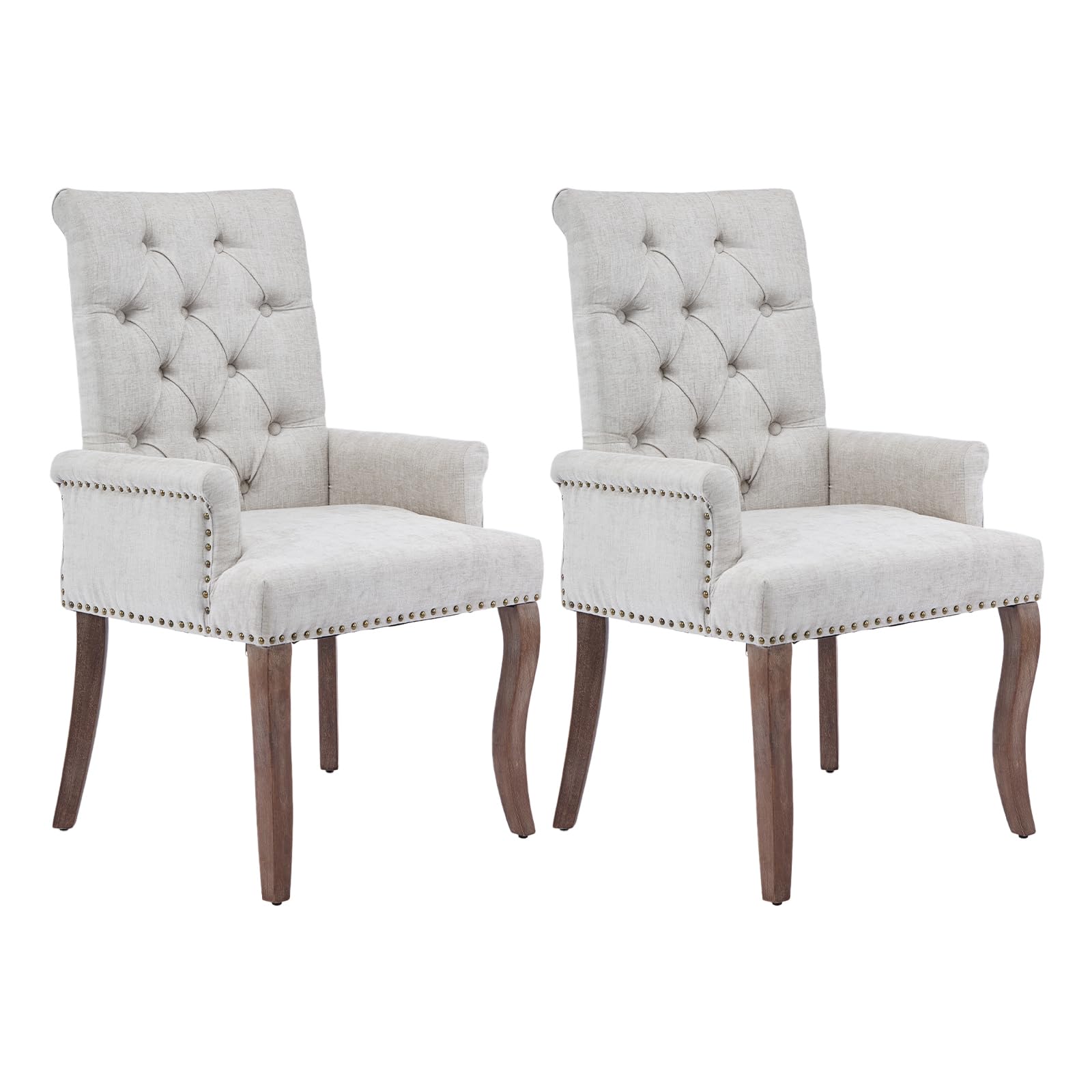 Beige Dining Room Chairs Set of 2, Tufted Back Upholstered Accent Chairs, Modern Chenille Fabric Dining Chairs with Arms and Curved Solid Wood Legs for Dining Room, Kitchen, or Living Room, Beige
