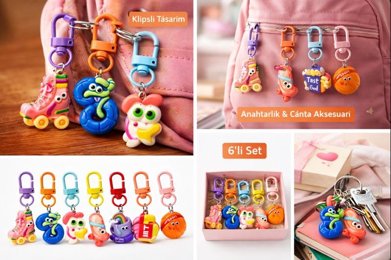 Sevimli Anahtarlık ve Çanta Aksesuarı Seti – 6’lı Renkli Kawaii Figürlü Klipsli Anahtarlık (fastfood