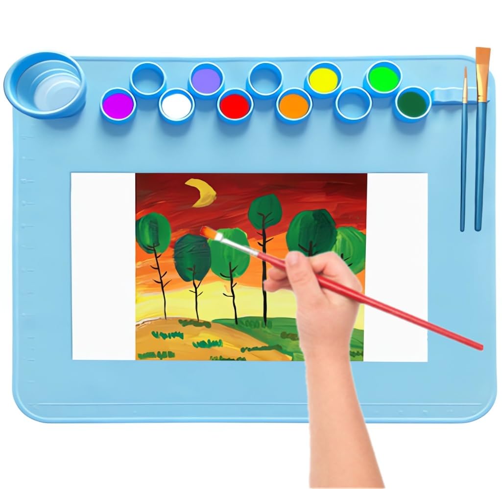 Silicone Craft Mat, 20.27" x 16.53" Silicone Painting Mat with Cleaning Cup Pencil Holder Non-Stick Non-Slip Craft Mat for Resin Mold Casting Nail Art DIY Graffiti Painting and Clay