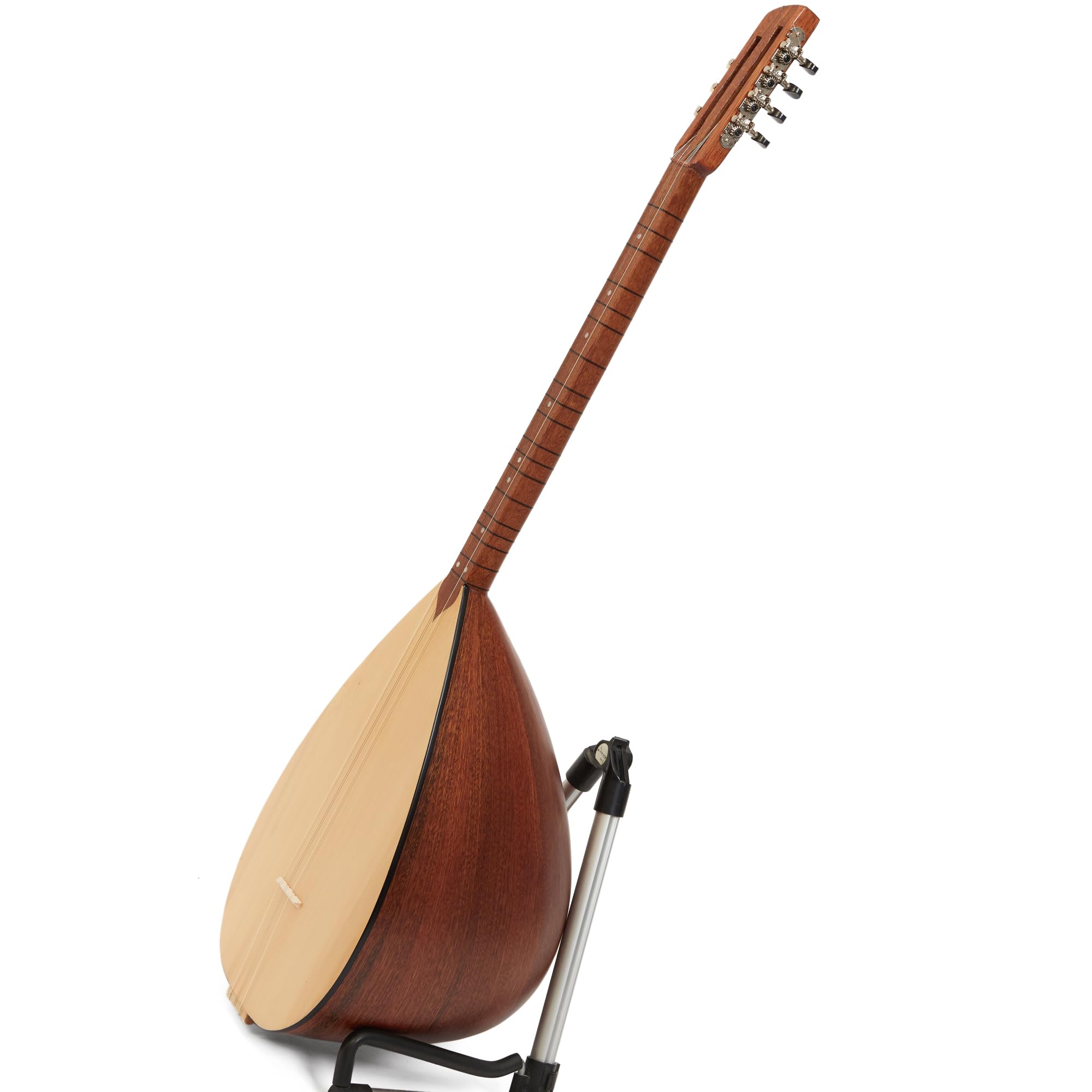 Saz Baglama Mahagoni mit kurzem Hals, leicht zu stimmende Gitarren-Pegs, integrierter Tonabnehmer, weicher Koffer in warmem Ton, Pyramidensaiten + Plektren