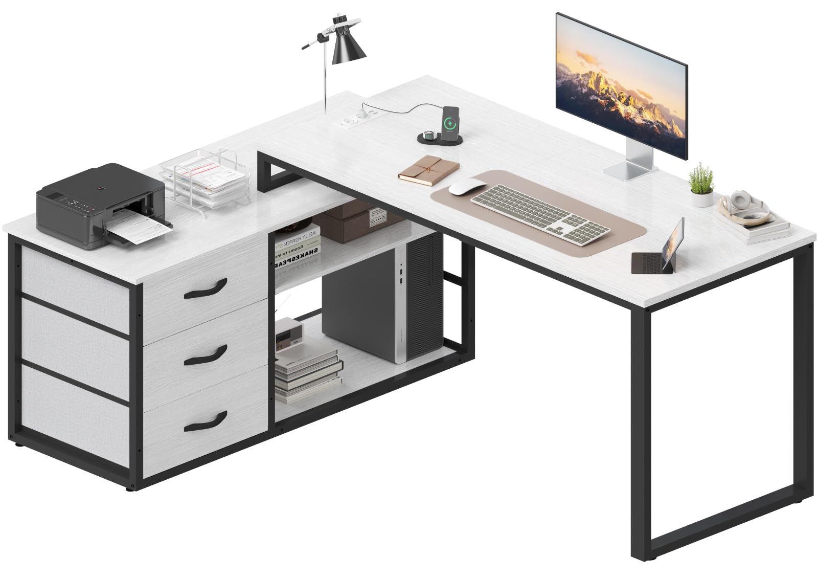 TRIUMPHKEY 140x105cm Escritorio Esquinero Reversible,Mesa de Ordenador con 3 Cajón,Estante de Almacenamiento,Escritorio en L con 2 Puerto de Carga USB y 2 Toma de Corriente para Oficina en Casa Gris