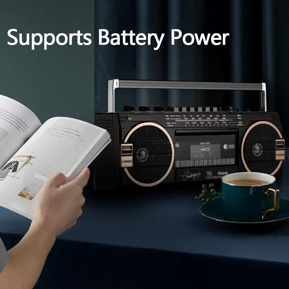 Boombox Bluetooth portable lecteur CD cassette avec connectivité Bluetooth, carte SD/TF/USB/casque de lecture, design vintage pour les réunions de famille et les voyages