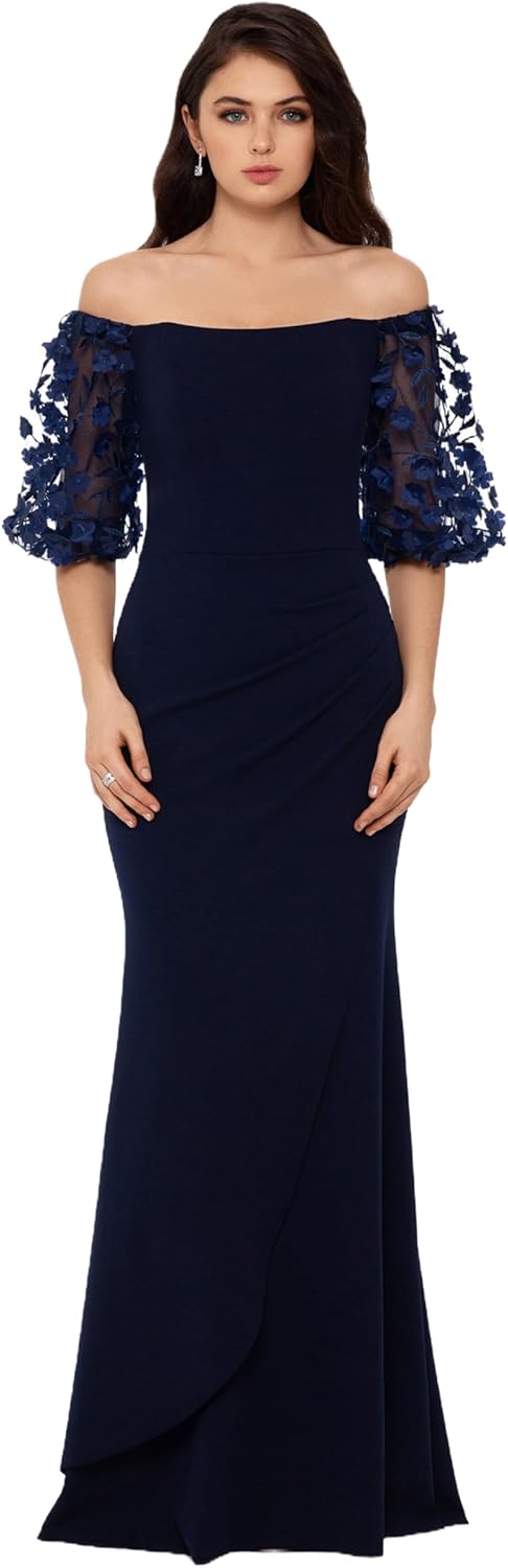 Xscape Womens Illusion Sleeve Off The Shoulder Long Dress (Reg and Petite)