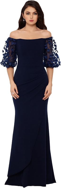 Xscape Women's Illusion Sleeve Off the Shoulder Long Dress (Reg, Petite, Plus Sizes)