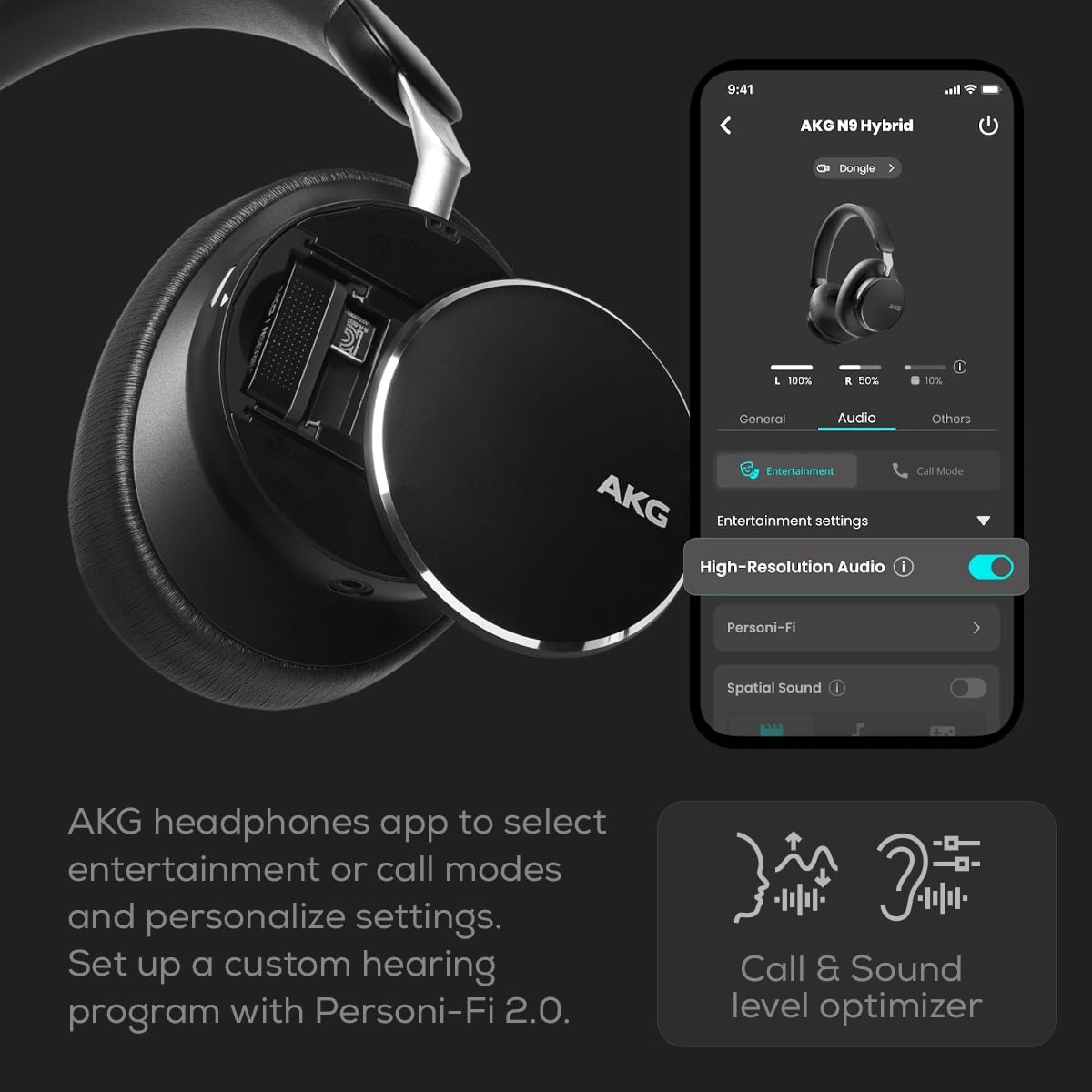 AKG N9 Hybrid Over-Ear Casque – Son cristallin sans Fil, True Adaptive Noise Cancelling, Qualité d’Appel certifiée Zoom, 100h d’autonomie, Bluetooth, USB-C, Noir