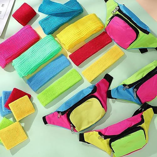 Image of Xuniea 4 Set 80s Accessories for Women Workout Set Include Retro 80s Fanny Pack Neon Leg Warmers Headband and Wristbands 80s 90s Party Disco Neon Party cosplay