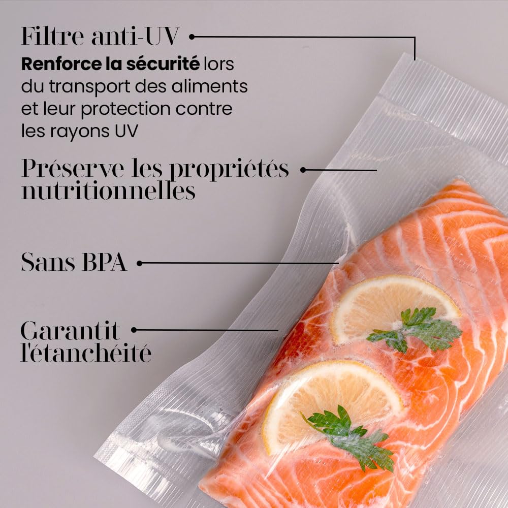 Lot de 100 sacs sous vide alimentaire avec technologie Line + | Nouvelle formule, système rayé, multicouche, sans BPA, fabrication espagnole 30 x 50 cm