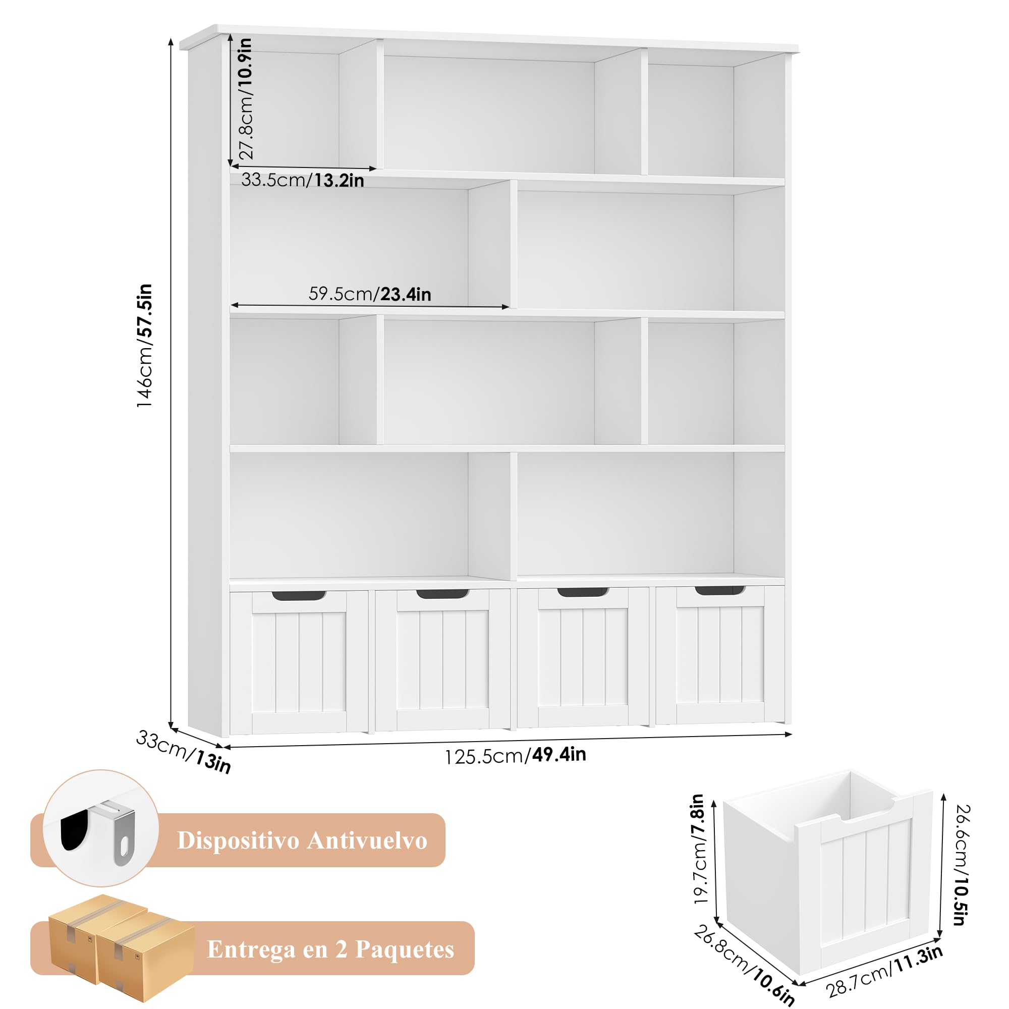FOREHILL Mueble Organizador Juguetes, Mueble Almacenaje Juguetes, Estanteria Montessori, Organizador de Juguetes Infantil, 4 Cajones con Ruedas, 10 Compartimentos, Blanco 125.5x33x146 cm