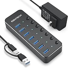 RSHTECH USB HUB 3.0 with Power Supply, 7 Port 2023 Upgraded USB Hub Aluminum 5Gbps High Speed Transmission, Both Self-Powered and Bus-Powered, 5V 3A Power Supply with Independent Switch