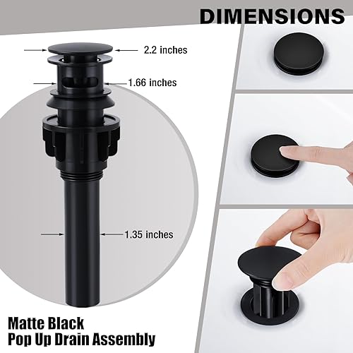 Miniatura 6 de FGKQ Grifo de baño negro para fregadero de 3 agujeros, grifo de lavabo de baño con drenaje desplegable, grifo de tocador de 8 pulgadas, 3 agujeros,