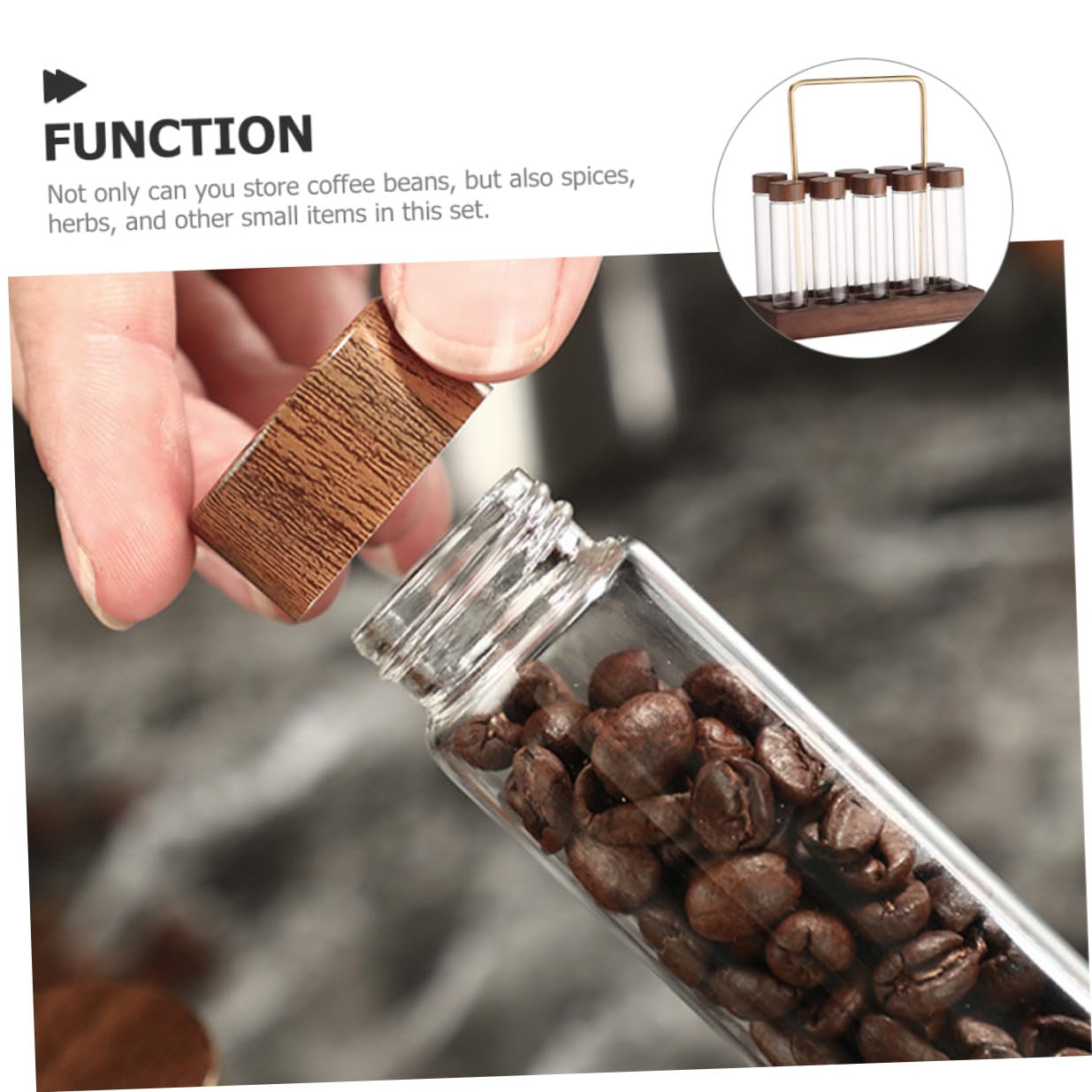 SHINEOFI Kaffeebohnen Aufbewahrungsröhrchen aus Glas mit Walnussholz Ständer Luftdicht für Küche und Vitrine