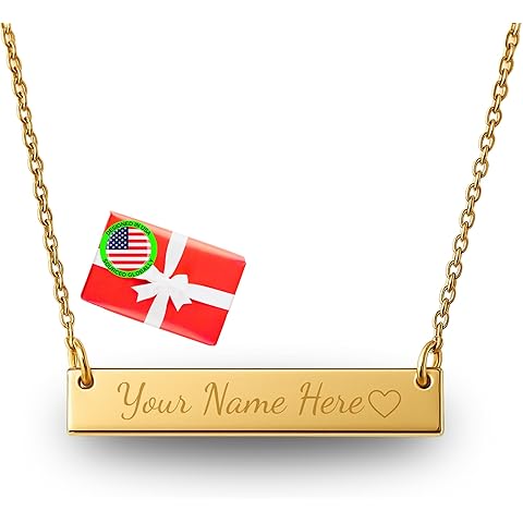 Wish Carat 24K Gold Plated Sterling Silver Personalized Engraved Bar Necklace, Custom Pendant with Name, Coordinates or Date, Dainty Minimalist Necklace Gift for Women