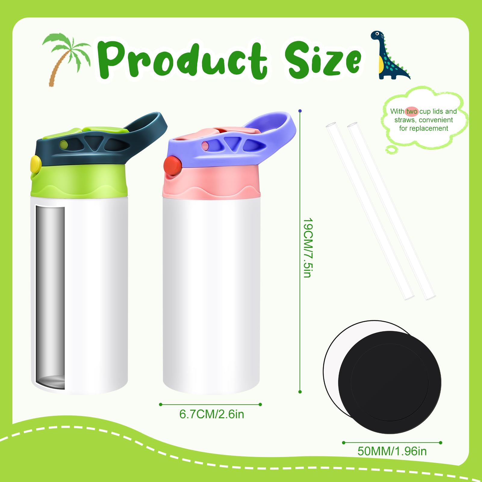 Paquete de 2 vasos de sublimación para niños, vaso de acero inoxidable con aislamiento de doble pared de 12 onzas con 2 tapas de popote reemplazables y parte inferior de goma