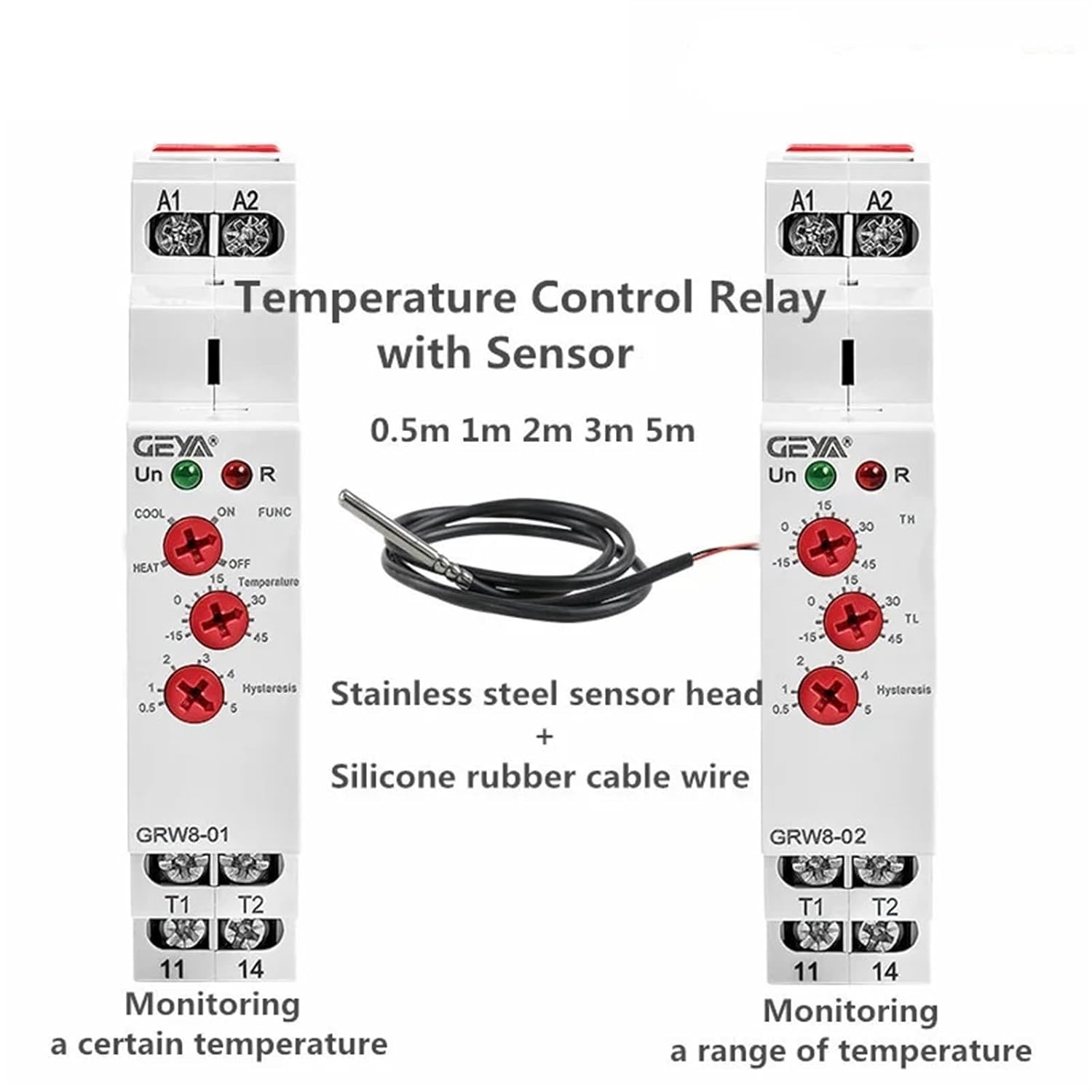 GRW8-01/02 Din Rail Temperature Control Relay 16A AC/DC24-240V with Waterproof NTC Sensor Heating & Cooling (Size : GRW8-02-5m Sensor)