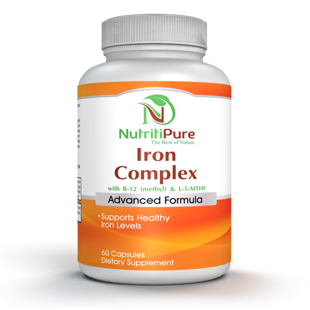 Iron Complex Supplement with Carbonyl Iron 27 mg, Vitamin C, B-6, B-12 (Methyl), L-5-MTHF(Quatrefolic) - 60 Vegetarian/Veggie Capsules
