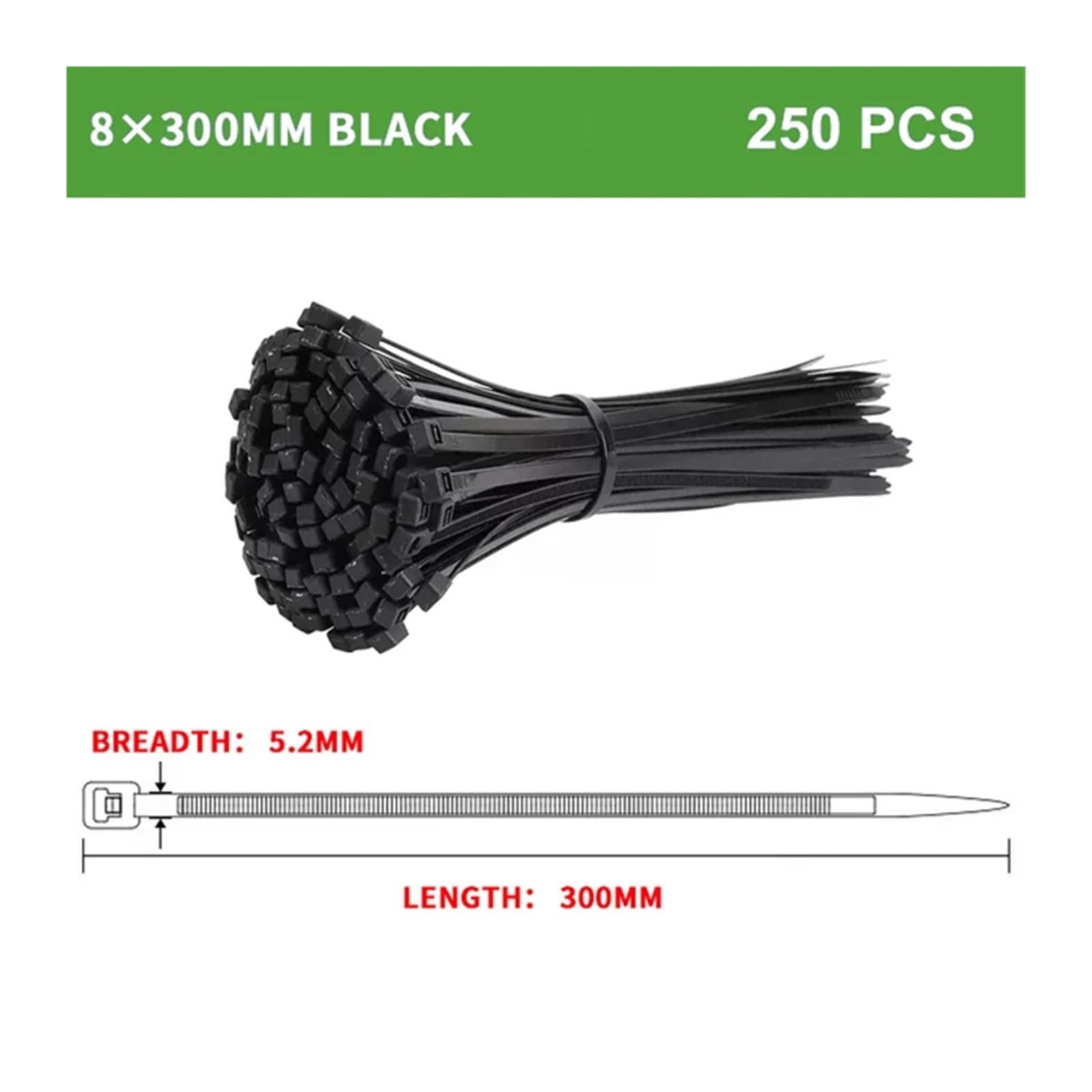 Selbstsichernde Kabelbinder aus ABS-Nylon mit, Selbstsichernder Nylon-Kabelbinder, Schwarz, mehrere Größen, Packung mit 250 oder 500 Stück(8x300mm,1 Pack)