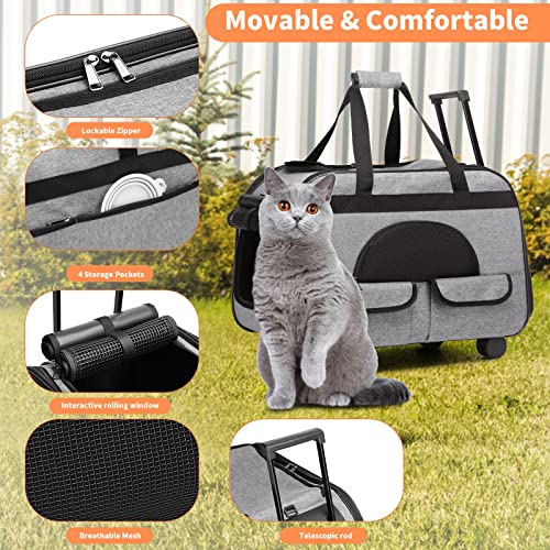 Large Rolling Cat Carrier with on Wheels, Small Dog Pet Car Travel Carrier Collapsible Bag with Rollers Wheels, Carrier for Cats Up to 35 LBS/Dog Puppy Under 16 LBS (Large Size, Not for Airplane) (L1)