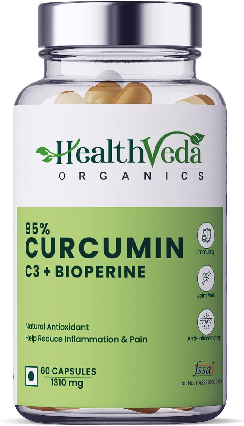 Health Veda Organics Curcumin C3 + Bioperine Supplements, 1310 Mg | 60 Veg Capsules | Supports Joint & Muscle Health | Better Absorption | Boost Immunity | For Men & Women