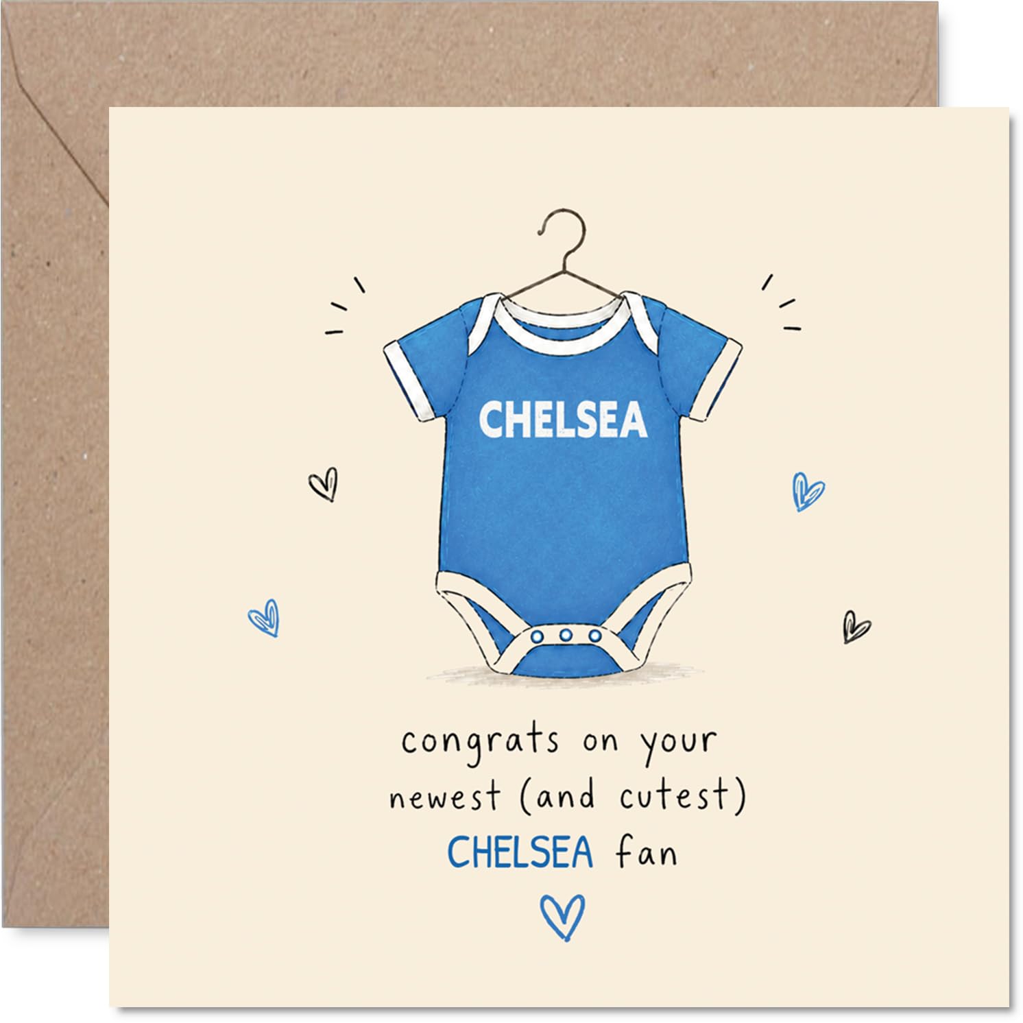 Playful New Baby Card for Chelsea Fans - Welcome to the Squad - Hand-drawn Blue Onesie with Heart Doodles - 145mm Square, Envelope Included