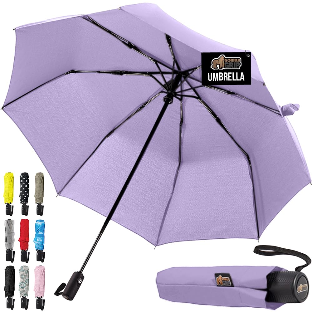 GORILLA GRIP Strong Windproof Stick Compact Umbrella for Rain, One-Click Automatic Open and Close, Durable Quick Dry Waterproof Material, Lightweight and Portable, Travel Size Fits Backpack, Purple