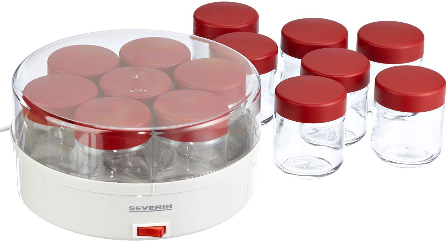 SEVERIN Yaourtière, 14 Pots de 150 ml Inclus, + Livre de Recettes, Graduation Mémo, JG 3519, Blanc/Rouge