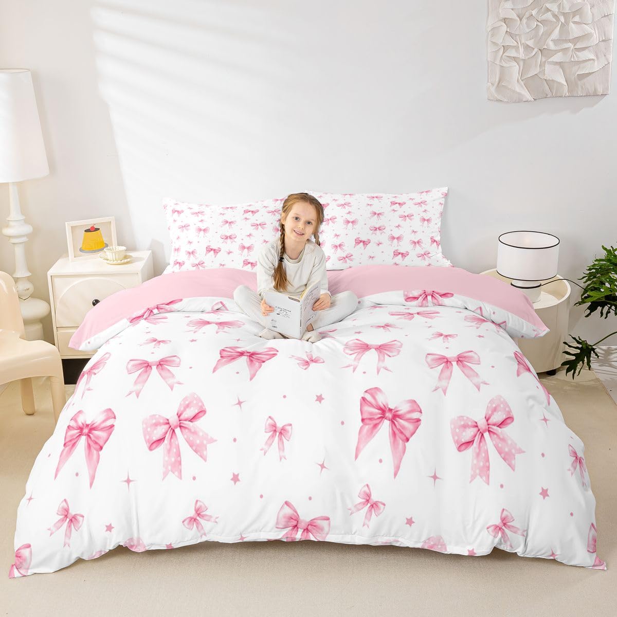 Homewish Rosa fiocco Super King Copripiumino carino fiocchi Set di biancheria da letto a quadretti fiocco trapunta bowknot stelle coquette Bed Sets