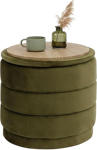 Miniatura 17 de B FSOBEIIALEO Otomana redonda de almacenamiento de terciopelo con bandeja, otomana plegable con mesa auxiliar de almacenamiento, reposapiés para