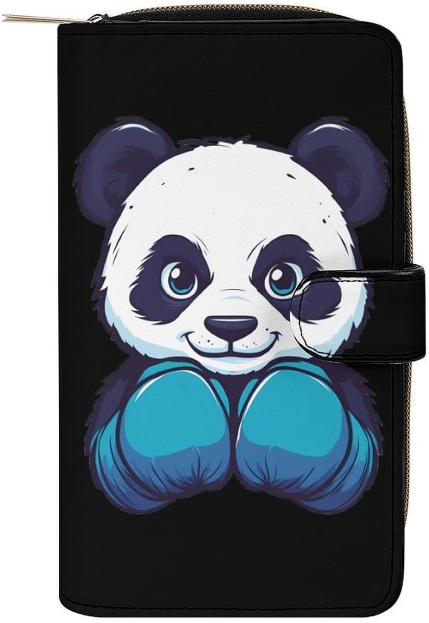 Boxing Panda Funny Long Slim Bifold Wallet Card Holder Purse with Buckle for Men Women