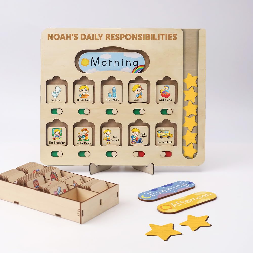 Personalized Wooden Daily Routine Chart, Visual Schedule, Routine Chart for Toddlers, Morning Bedtime Routine Chart for Toddlers (03)