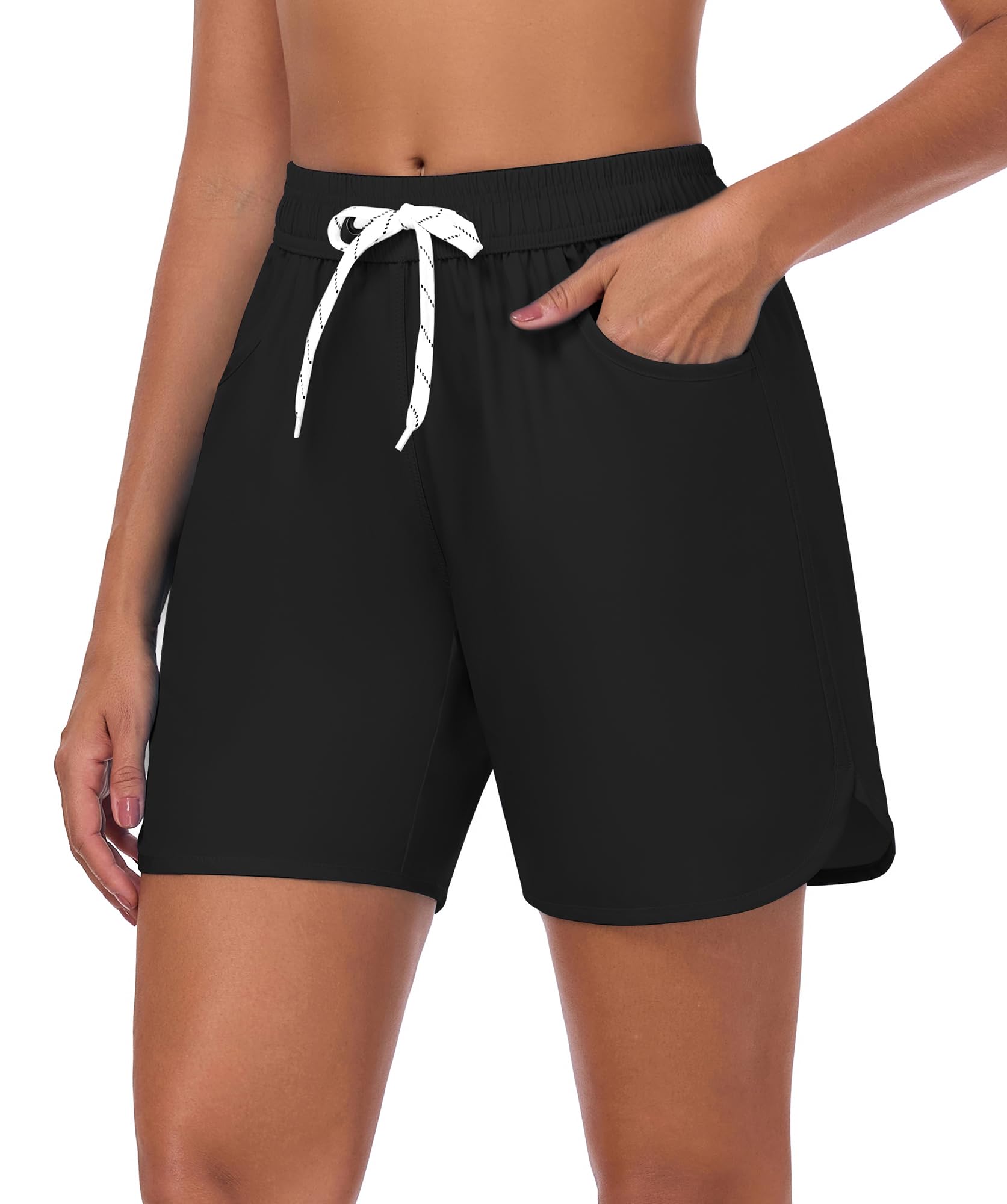 6" Wasserabweisende Schnelltrocknende Badehose Damen Bikinihose Ohne Netz - High Waist Bauchweg Badeshorts mit 2 Taschen, Ohne Innenslip