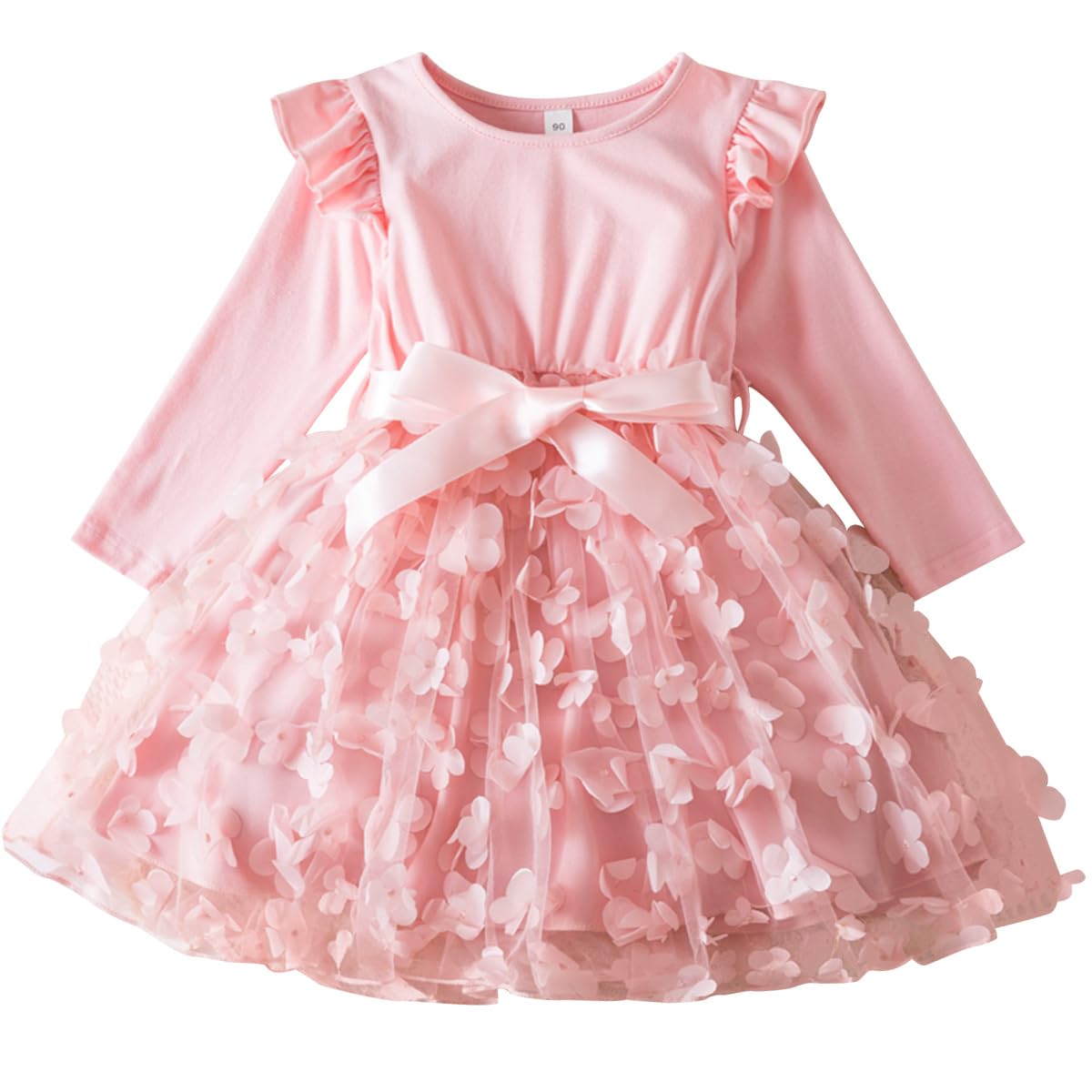 Girls Dress Toddler Ruffle Long Sleeve Floral Print Tulle Dresses Patchwork Bowknot Wedding Birthday Party Fall Casual Clothes for Girl 1-6 Years