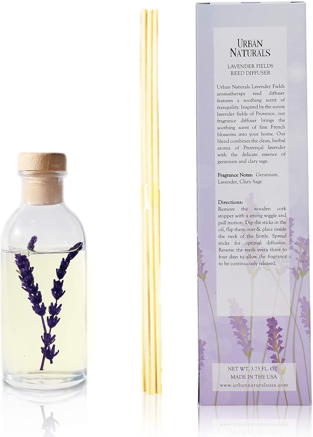Urban Naturals Lavender Fields Reed Diffuser Refill, 4 oz, Bundle with Lavender Fields Reed Diffuser Set - Made with Essential Oils in The USA