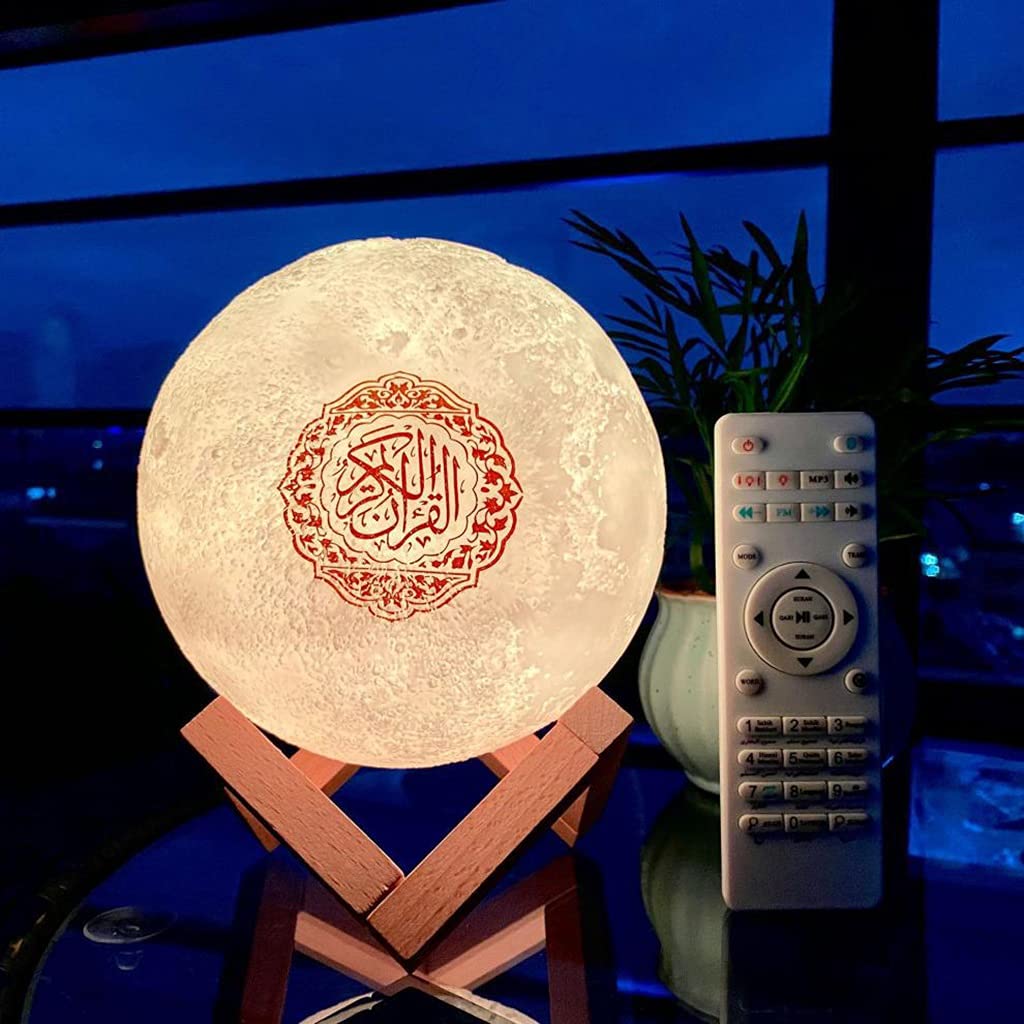 Veilleuse de Lune d'impression 3D avec Support, Contrôle à Distance et Tactile, Rechargeable par USB, Haut-Parleur sans Fil du Coran, Multi Langue