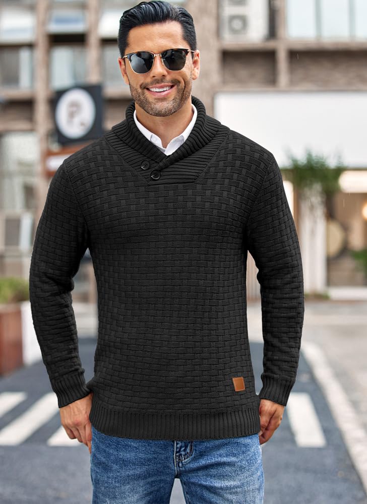 COOFANDY Maglione da uomo con collo a scialle maglione casual slim fit pulsante strutturato maglioni lavorati a maglia