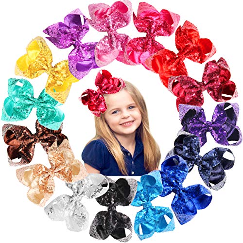 15Pcs 6 Inches Big Bows for Baby Girls Bling Sparkly Sequins Bow Clips Boutique Hair Bows For Girls Kids Children Women Ribbon Bowknot Alligator Hair Clips