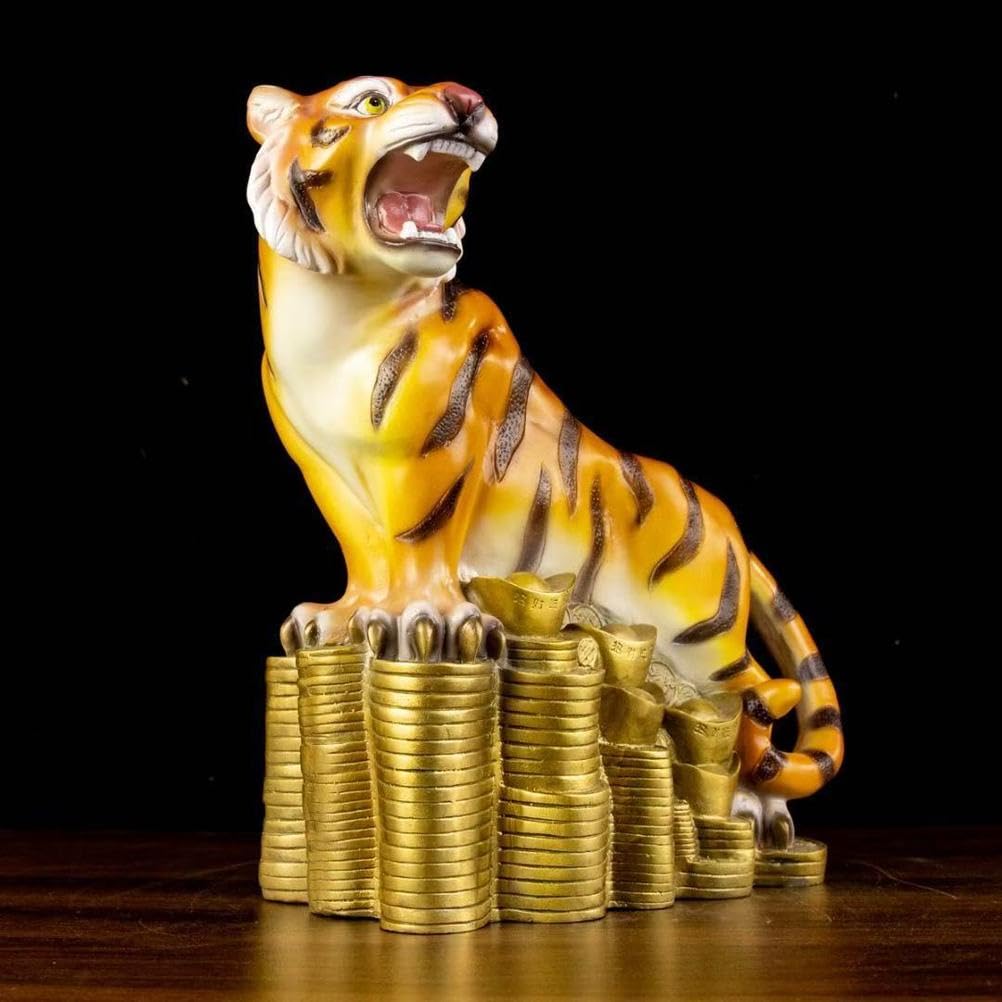 Mosiężna statua tygrysa pod górę – 13,8" duża figurka chińskiego tygrysa zodiaku trzymająca sztabkę złota, dekoracja Feng Shui bogactwo i ochrona, ręcznie robiony