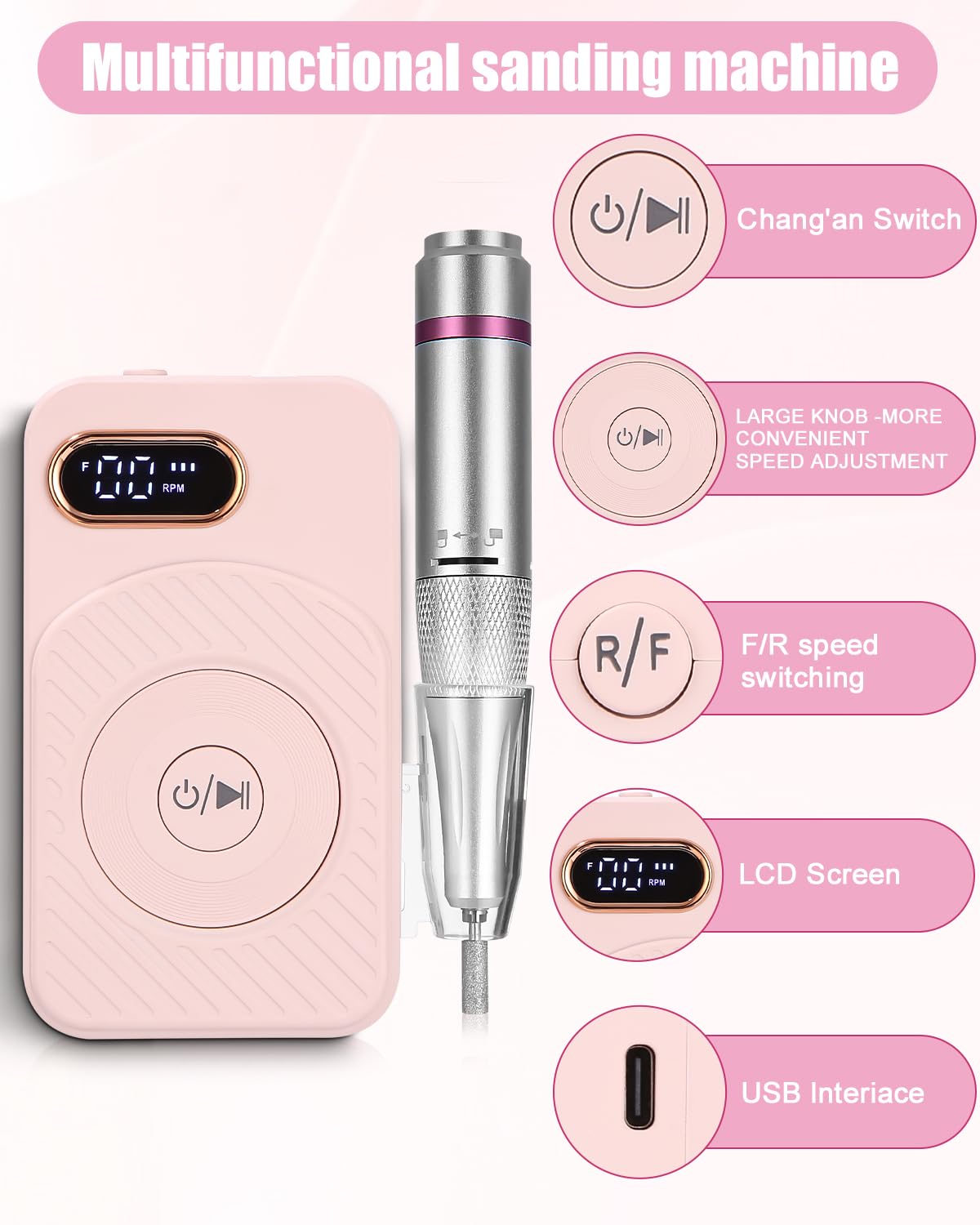 Ponceuse pour Ongles, 45000Rpm Lime a Ongle Electrique, Ponceuse Manucure, Ponceuse Ongle Semi Permanent, Ponceuse Ongle Portable pour Polissage, Enlèvement des CallositéS, Pedicure