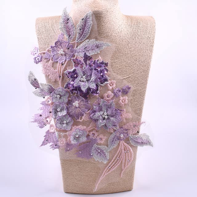Blumen-Stickerei-Patch (2 Stück) – Violetter Kragen-Applikation, 12 X 33 Cm, Zum Aufnähen