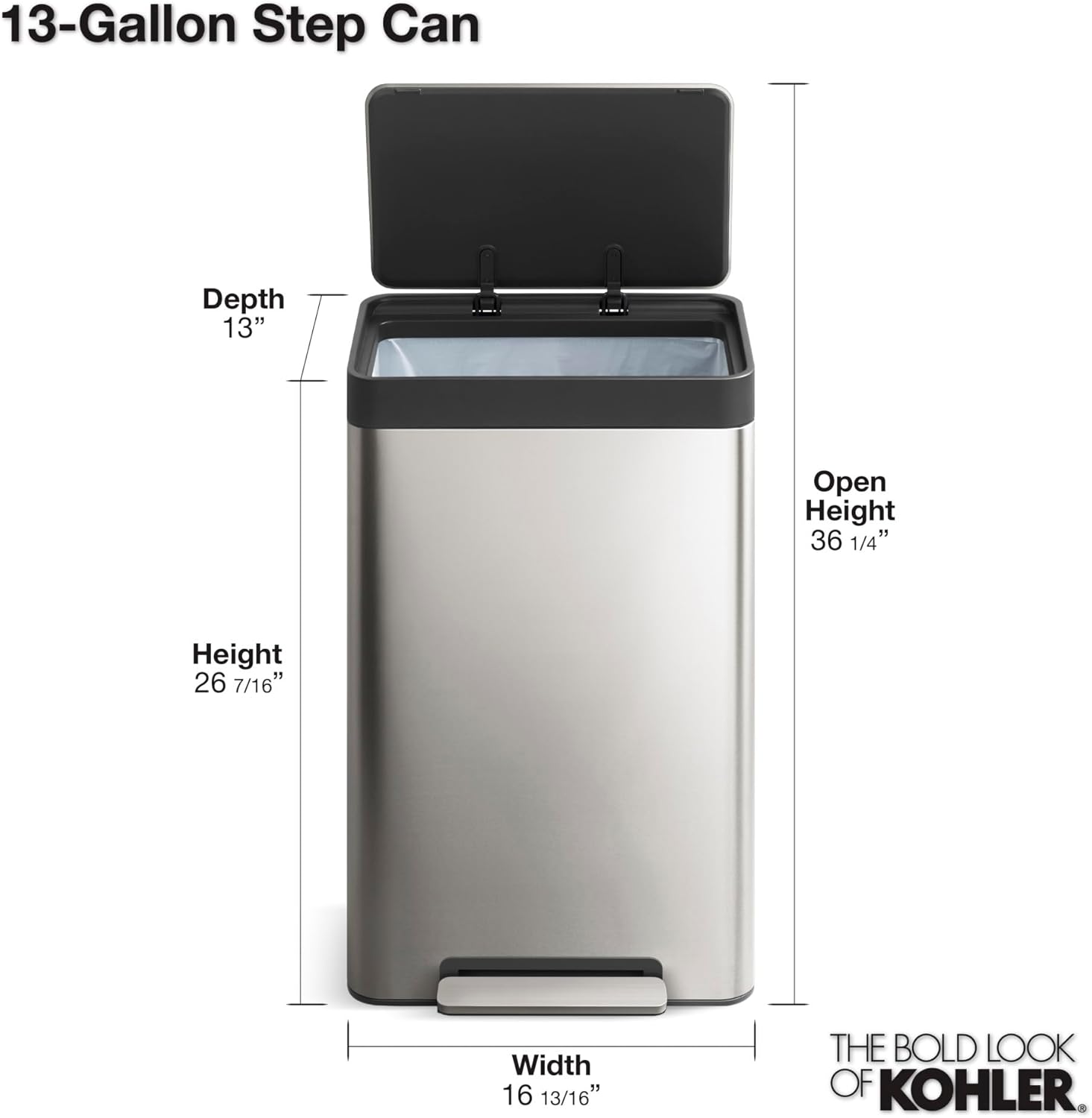 KOHLER 13-Gallon Stainless Steel Step Trash Can, Black Stainless Steel & Moderne Brushed Brass, Hands-Free Pedal, Quiet-Close Lid, K-20940-BSB