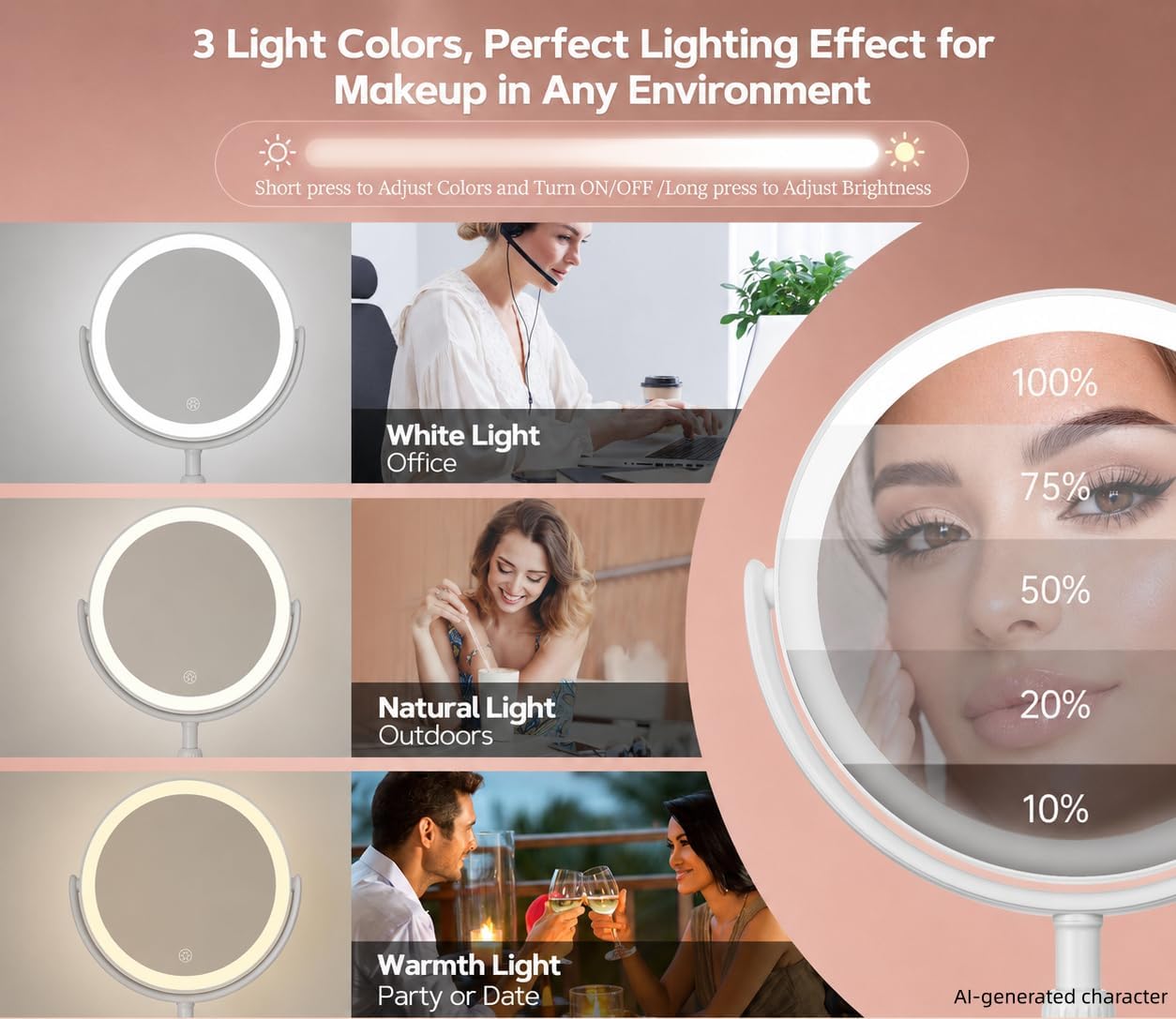 Makeup Mirror with Lights, 1X/10X Double Sided Magnifying Vanity Mirror