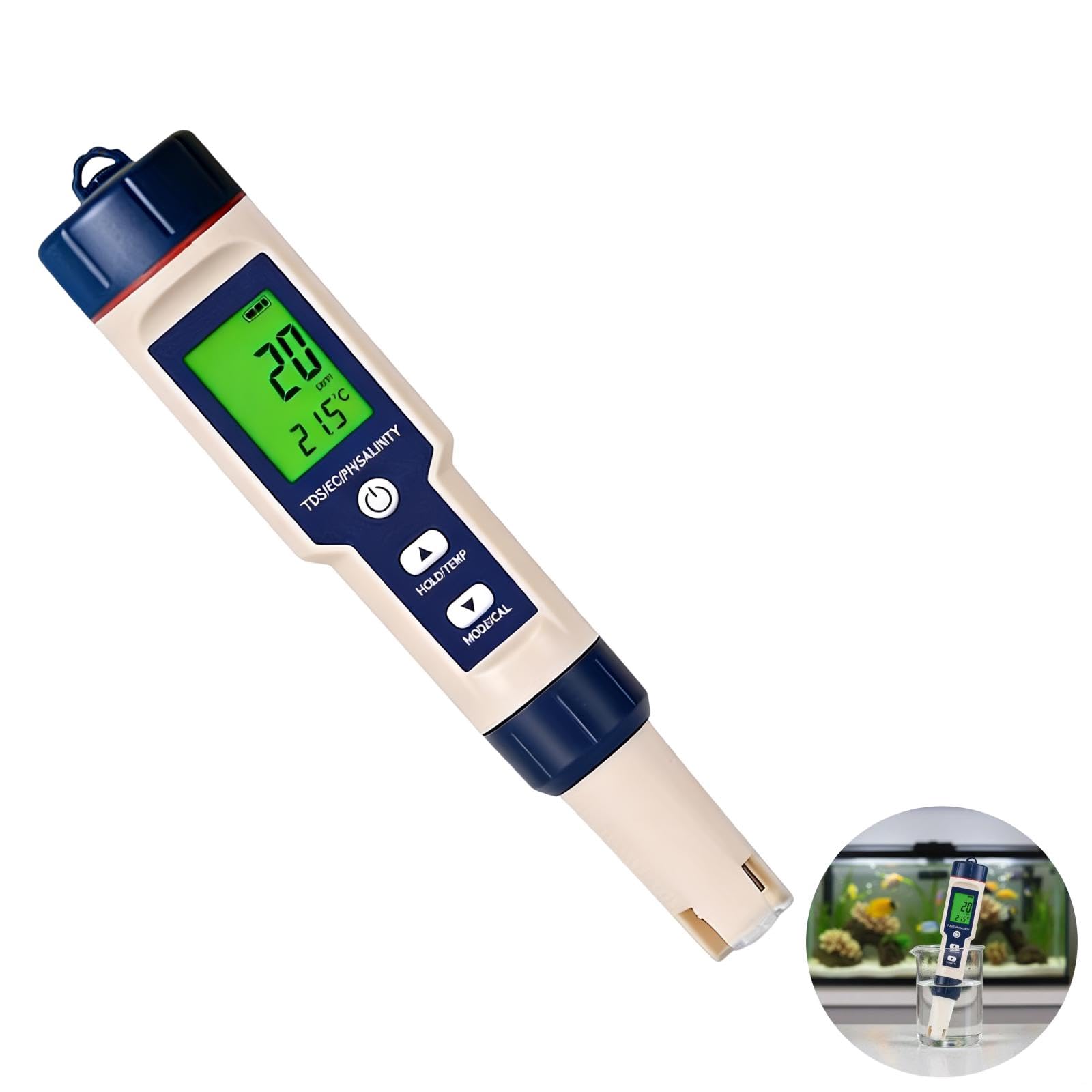 Misuratore di qualità dell'acqua 5 in 1, misuratore di pH digitale e tester di salinità, misuratore di temperatura TDS con grande LCD, ± 0,05 pH ad alta precisione, polveri di calibrazione