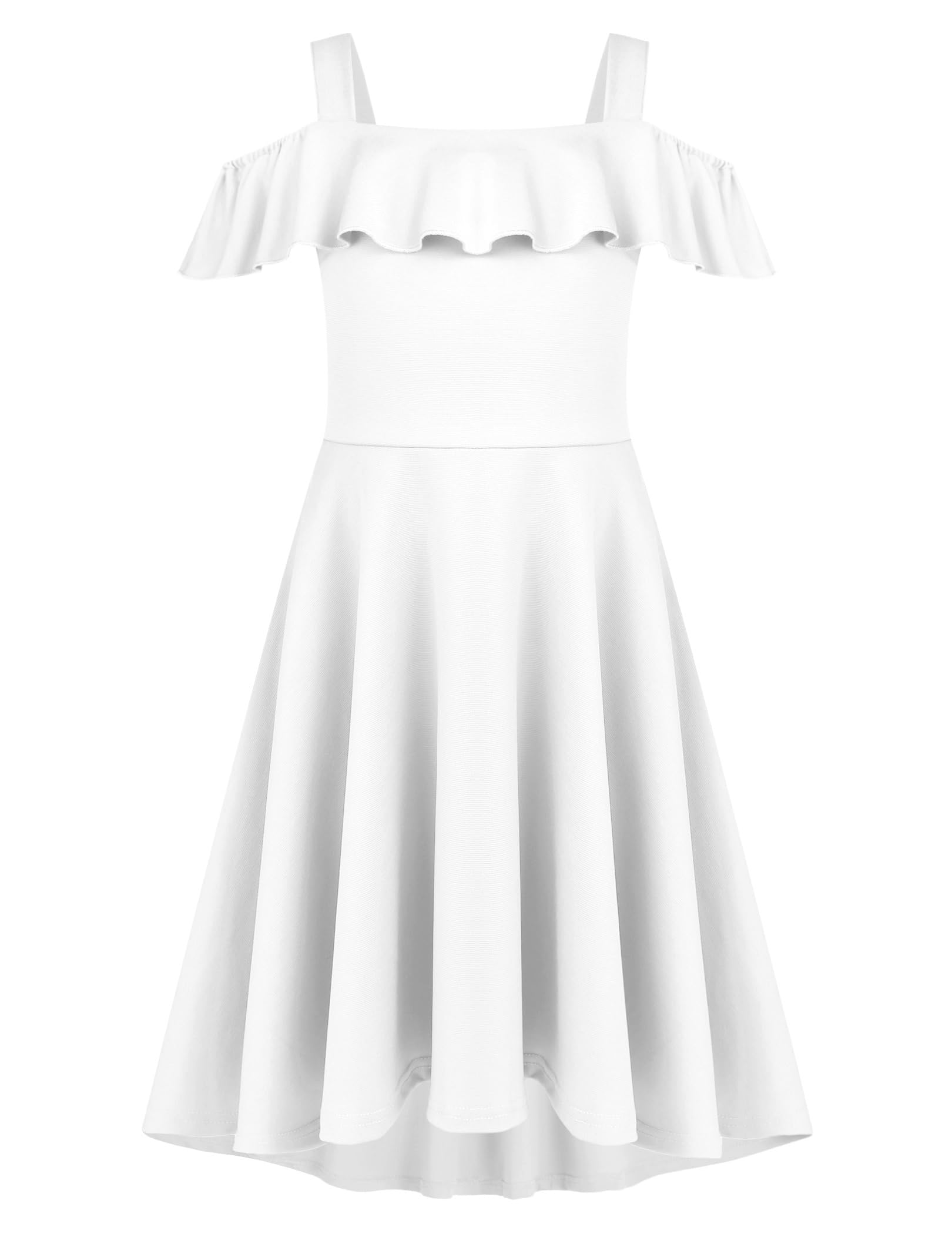 Arshiner Mädchen Sommer Kleid Schulterfrei Kinderkleid Rüschen Ärmel Elegante Eckiger Ausschnitt Trägerkleid Kinder A Line Swingkleid High Low Kleid Lässig Kleider mit Tasche 4-13 Jahre