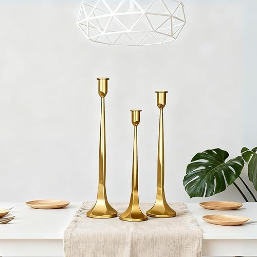 Juego de 3 portavelas de hierro dorado, portavelas cónicos para velas de 34 pulgadas, juego de velas altas para mesa de comedor, boda y decoración