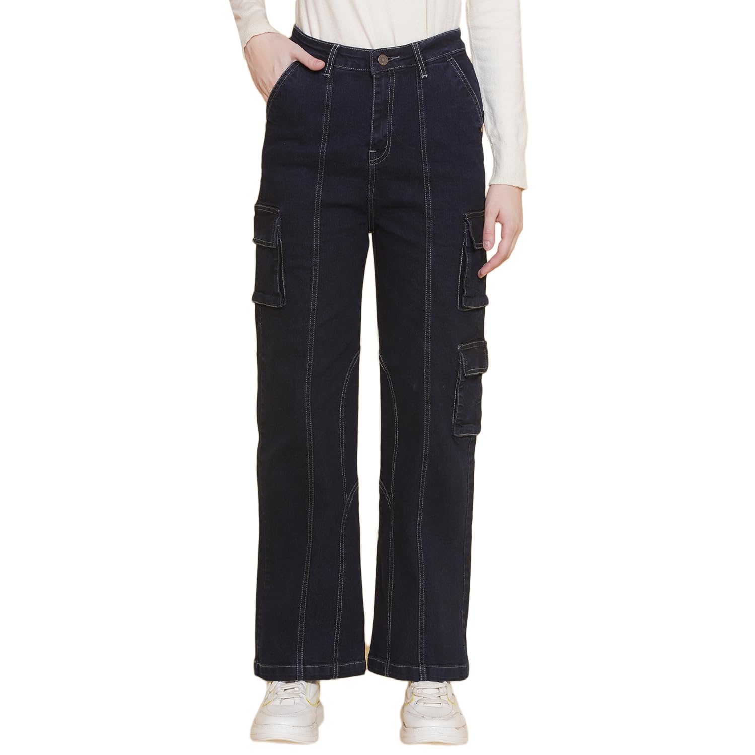 Vestido Modas Women Navy High Waist Front Seam Cargo Jeans (D-VDJEAN132-Navy)