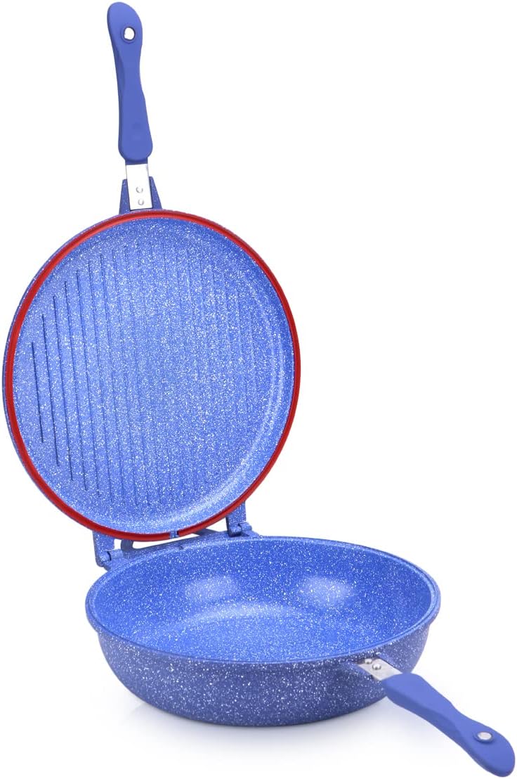 Relance Balzano- Double sided and 2 in 1 Grill pan, saute pan, fish pan, with pressure function and non stick coating in Blue granite