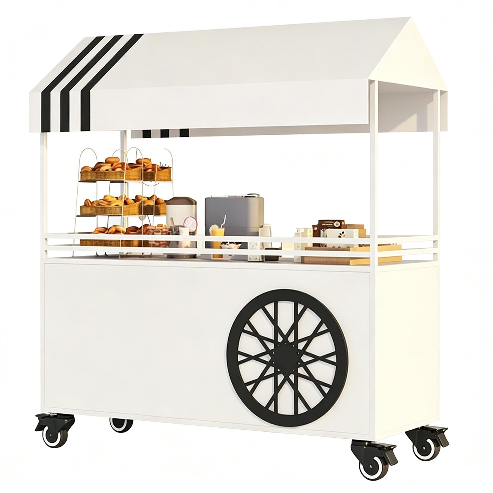 Outdoor Vendor Cart, Iron Market Stand, with Canopy, Lockable Wheels, Handle, Guardrail, for Market, Street Food, Events(White,120cm/47in)