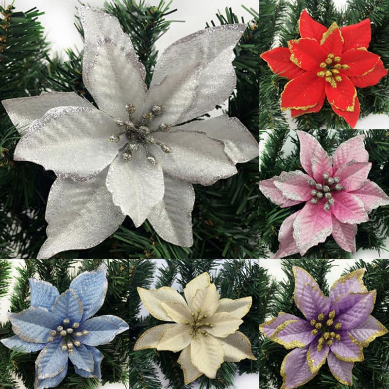 Amosfun 5 Inch Christmas Flower Decoration Artificial Glitter Gold Poinsettia for Christmas Tree Ornaments Holiday Home Decor