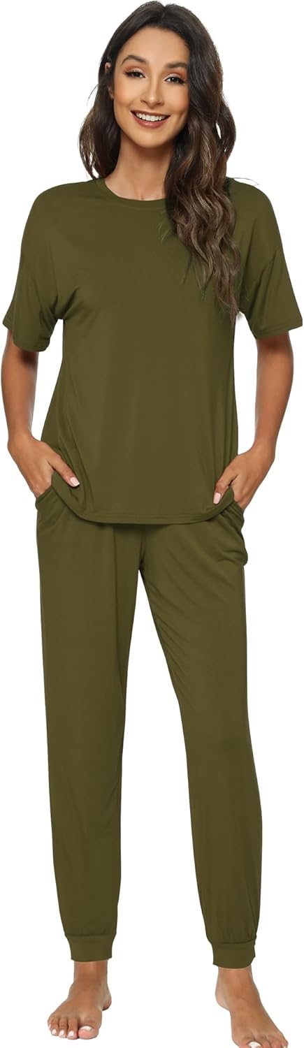 WiWi Women’s Short Sleeve Tracksuit Set Viscose from Bamboo Loungewear 2 Piece Outfit Long Pants Jogger Sets S-XXL