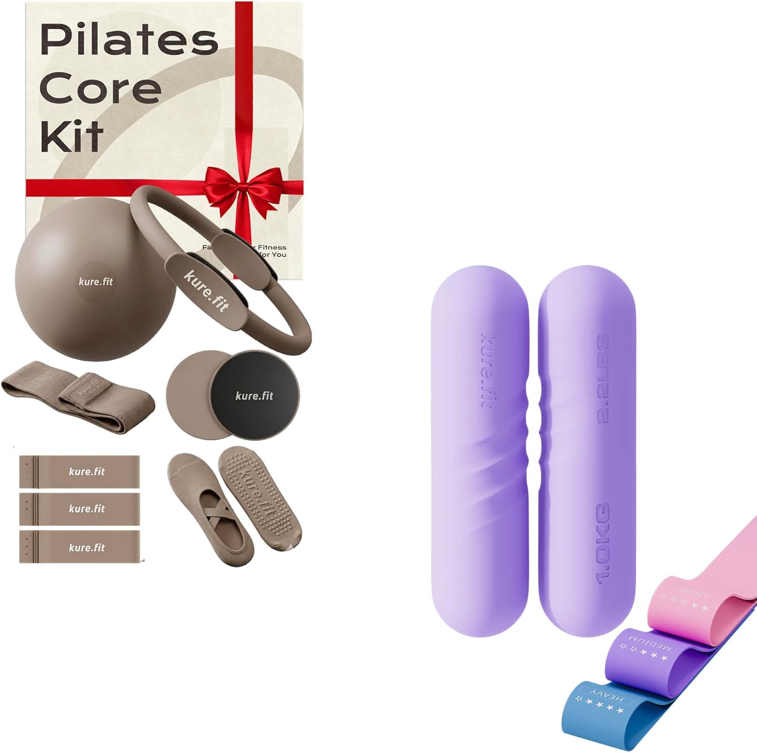 Taupe Pilates Core Kit and Lilac Purple 2 x 2.2LB Hand Weights Bundle